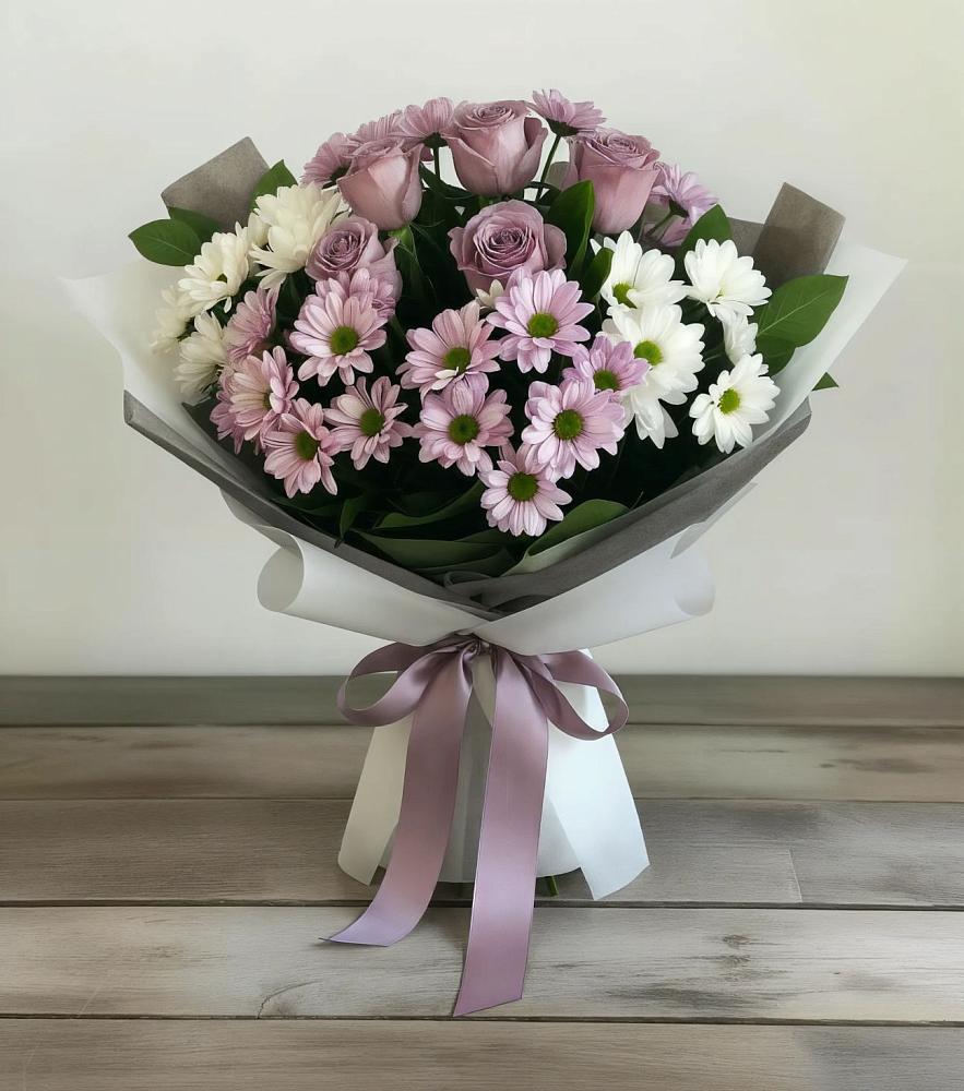Букет цветов из: Хризантемы и Розы в Челюскинский
