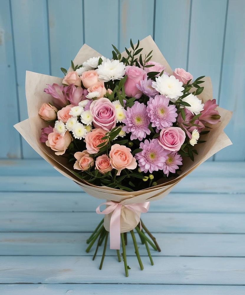 Букет цветов из: Хризантемы, Розы и Альстромерии в Челюскинский
