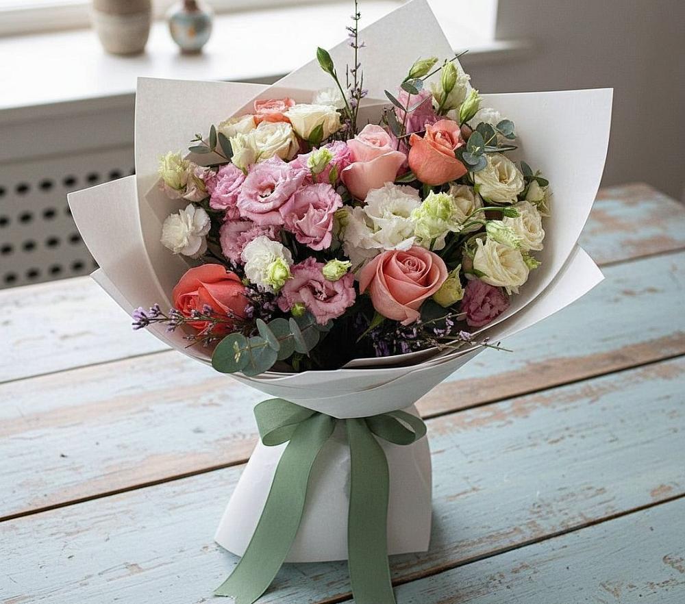 Букет цветов из: Розы, Лизиантусы и Гвоздики в Челюскинский