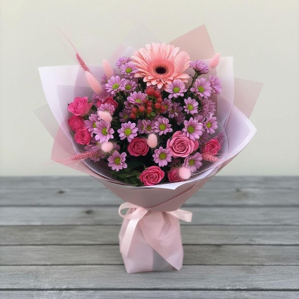 Букет цветов из: Розы, Герберы и Хризантемы в Челюскинский