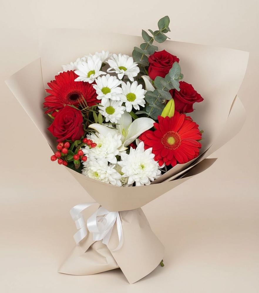 Букет цветов из: Розы, Хризантемы, Герберы и Лилии в Челюскинский