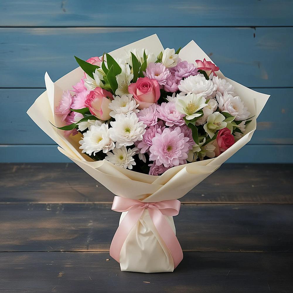 Букет цветов из: Хризантемы, Альстромерии и Розы в Челюскинский